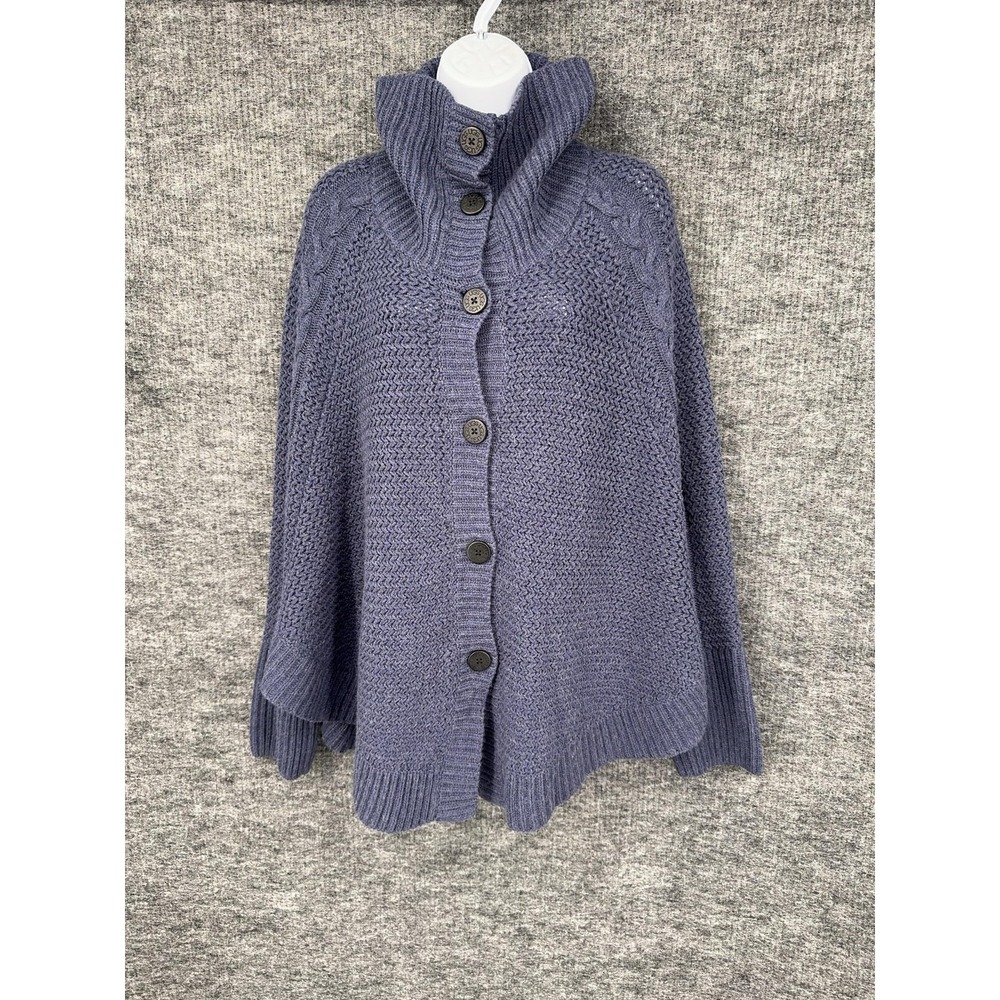 UGG Cape Sweater Womens M/L Blue Turtleneck Button Front Chunky Cable Knit